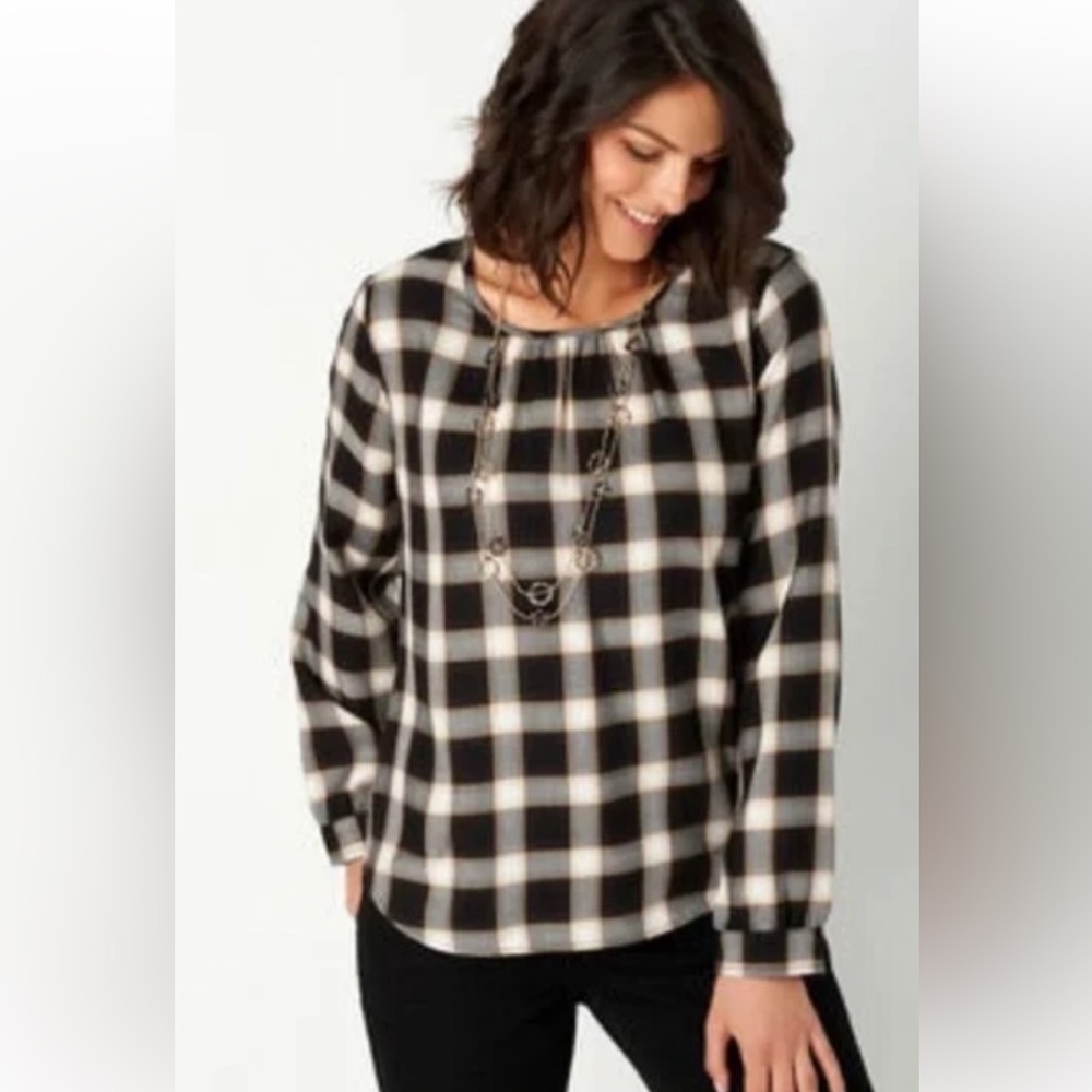 Christopher Banks Plaid Pullover Blouse Black Gold White Size 2X Popover